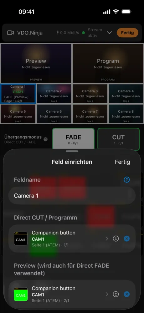 Feld einrichten mit CUT- und Preview-Taste