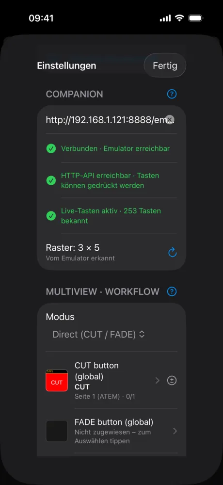Companion-Einstellungen mit drei grünen Statuszeilen