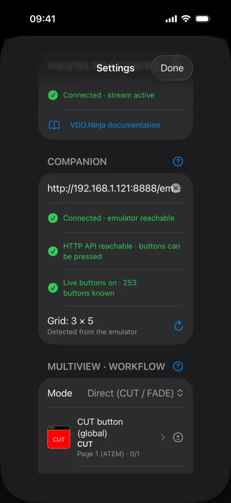 Companion settings with three green status lines