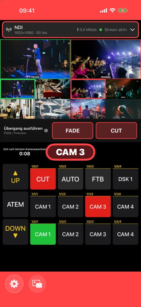Tally aktiv: roter Rahmen, CAM3 ist auf Sendung