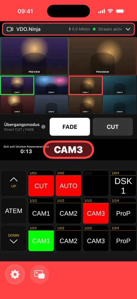 Timer seit letztem Kamerawechsel neben der Tally-Anzeige